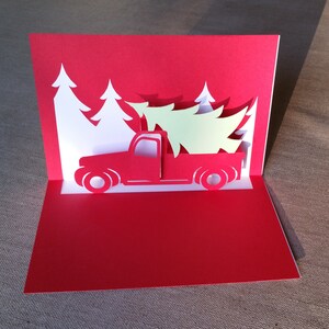 Mall för popup-kort med jullastbil, SVG och PDF för Cricut, silhuett eller handskuret, DIY popup-julkort, kirigami-design för julgran bild 6