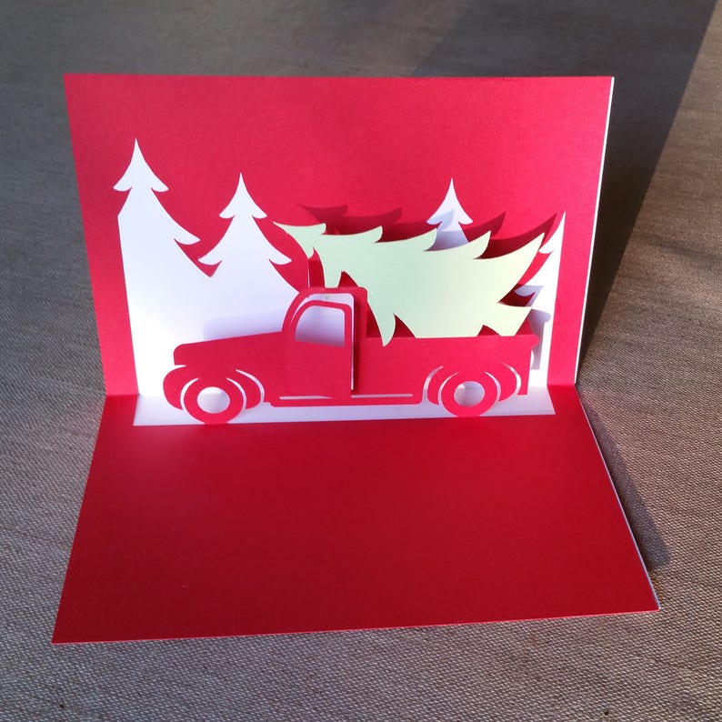 Mall för popup-kort med jullastbil, SVG och PDF för Cricut, silhuett eller handskuret, DIY popup-julkort, kirigami-design för julgran bild 6