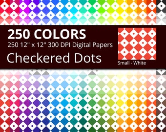 Checkered Dots Digital Paper Pack, 250 Colors Geometric Digital Paper Checkered Polka Dots Pattertn, Rainbow Small White Dots Papers