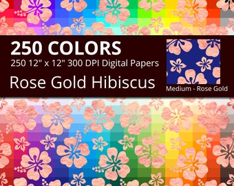 Rose Gold Hibiscus Flowers Digital Paper Pack, Rainbow Colors Rose Gold Digital Paper Hibiscus Pattern, Rose Gold Floral Digital Papers