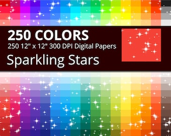 250 Sparkling Stars Digital Paper Pack with 250 Colors, Rainbow Colors Glitter and Sparkle Pattern Scrapbooking Paper Download