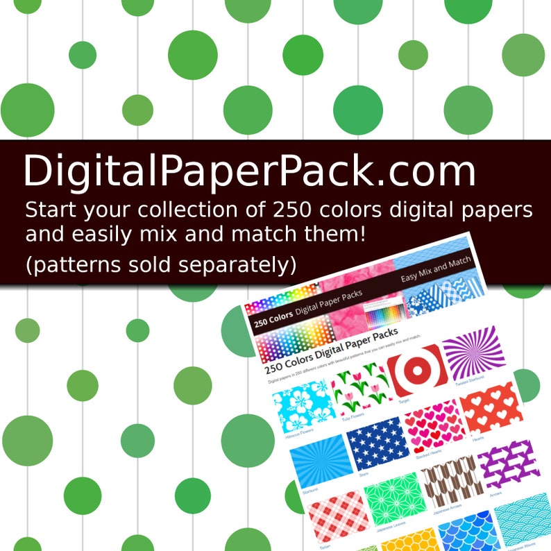 May include: A digital paper pack with 250 colors. The image shows a variety of patterns, including floral, geometric, and abstract designs. The text on the image reads "250 Colors Digital Paper Packs" and "Easy Mix and Match".