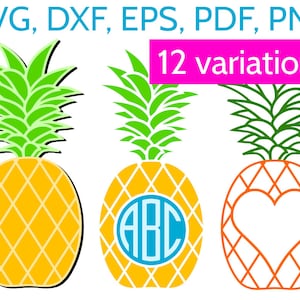 Puede incluir: Tres diseños de piña, cada uno con un centro diferente. La primera piña tiene un patrón de diamantes amarillo y naranja. La segunda piña tiene un círculo azul con las letras ABC dentro. La tercera piña tiene una forma de corazón rojo en el centro.