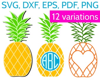 Pineapple SVG + Pineapple Monogram Frame (Round, Heart and Split Frames) for Cricut & Silhouette - SVG Bundle with 12 Clipart SVG cut files