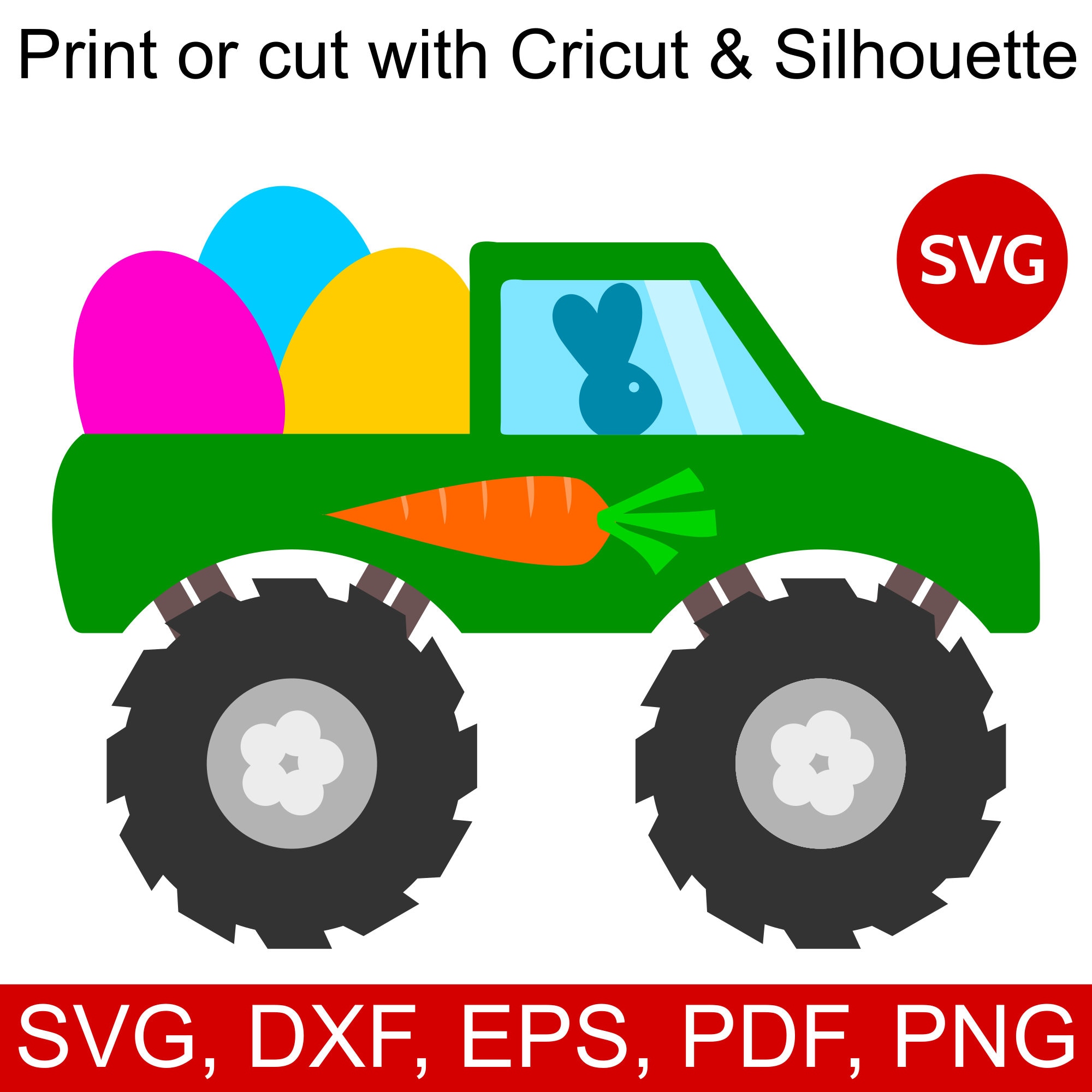 Easter Monster Truck SVG file with Easter Bunny driving a Monster Truck