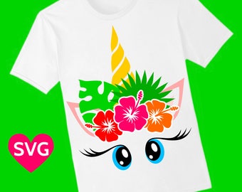 Tropical Unicorn Face SVG file with beautiful Hibiscus and Tropical Leaves in her mane