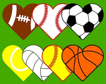 7 Sports Hearts SVG files for Cricut & Silhouette : heart shaped balls for basketball, volleyball, tennis, softball, baseball, soccer