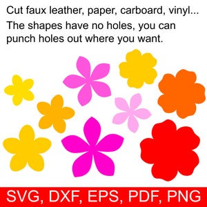 Puede incluir: Un conjunto de ocho formas de flores en varios colores, incluyendo rosa, rojo, naranja y amarillo. Las formas son simples y se pueden usar para manualidades o decoraciones.
