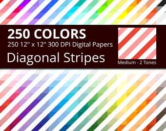 250 Tinted and White Diagonal Stripes Digital Paper Pack with 250 Colors, Rainbow Colors Lightly Colored and White Diagonal Stripes