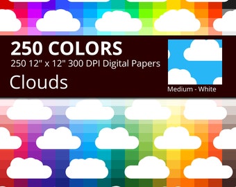 Clouds Digital Paper Pack, 250 Colors Digital Paper Cloud Scrapbooking Paper, Rainbow Medium White Cloud Background, Sky Cloud Pattern