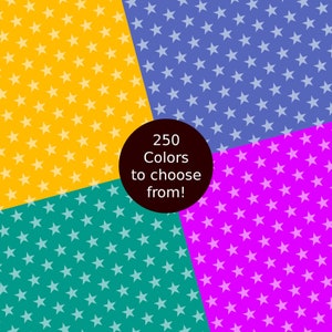 May include: A colorful background with four sections, each with a different color and a white star pattern. The colors are yellow, blue, teal, and magenta. The center of the image has a black circle with the text "250 Colors to choose from!"