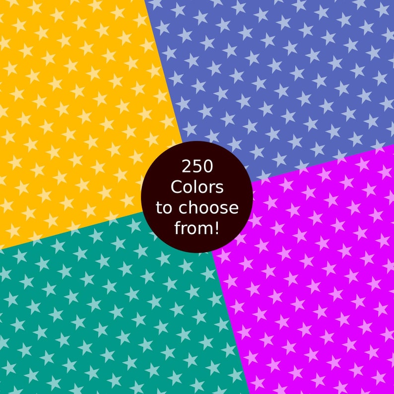 May include: A colorful background with four sections, each with a different color and a white star pattern. The colors are yellow, blue, teal, and magenta. The center of the image has a black circle with the text "250 Colors to choose from!"