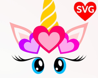 SVG Love Unicorn Face with Hearts, Valentine's Day SVG, Unicorn Head with Heart SVG cut file for Cricut & Silhouette, Valentines svg design