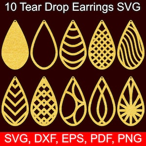 May include: Ten gold tear drop earring SVG designs. The designs include solid, geometric, and patterned styles.