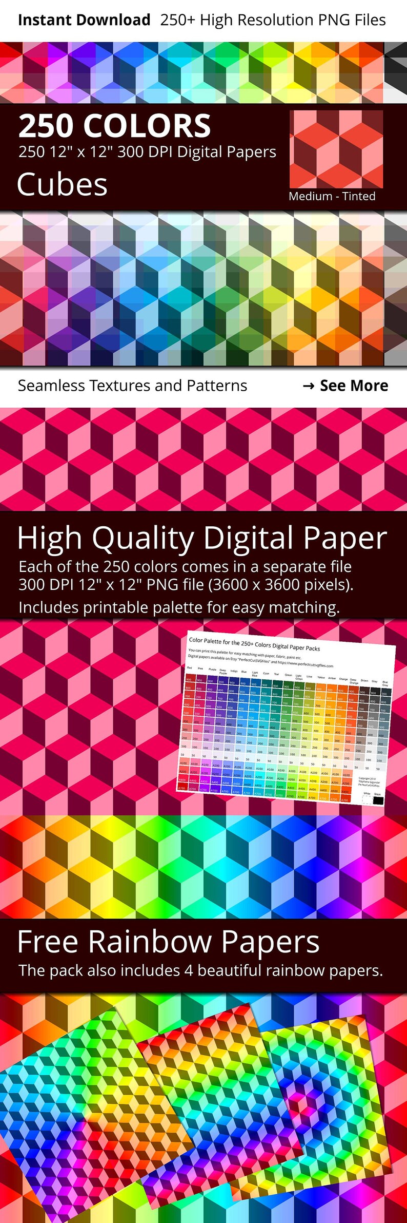 Puede incluir: 250 papeles digitales con un patr&oacute;n sin costuras de cubos 3D coloridos. Cada papel mide 12 pulgadas por 12 pulgadas y 300 DPI. El paquete tambi&eacute;n incluye 4 papeles arco&iacute;ris gratuitos.