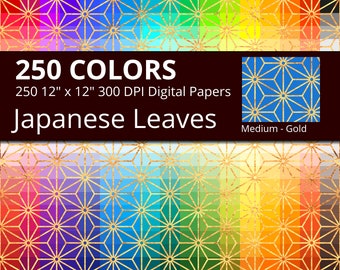 250 Golden Japanese Leaves Digital Paper Pack with 250 Colors, Rainbow Colors Gold Leaves Asanoha Pattern Digital Scrapbooking Paper