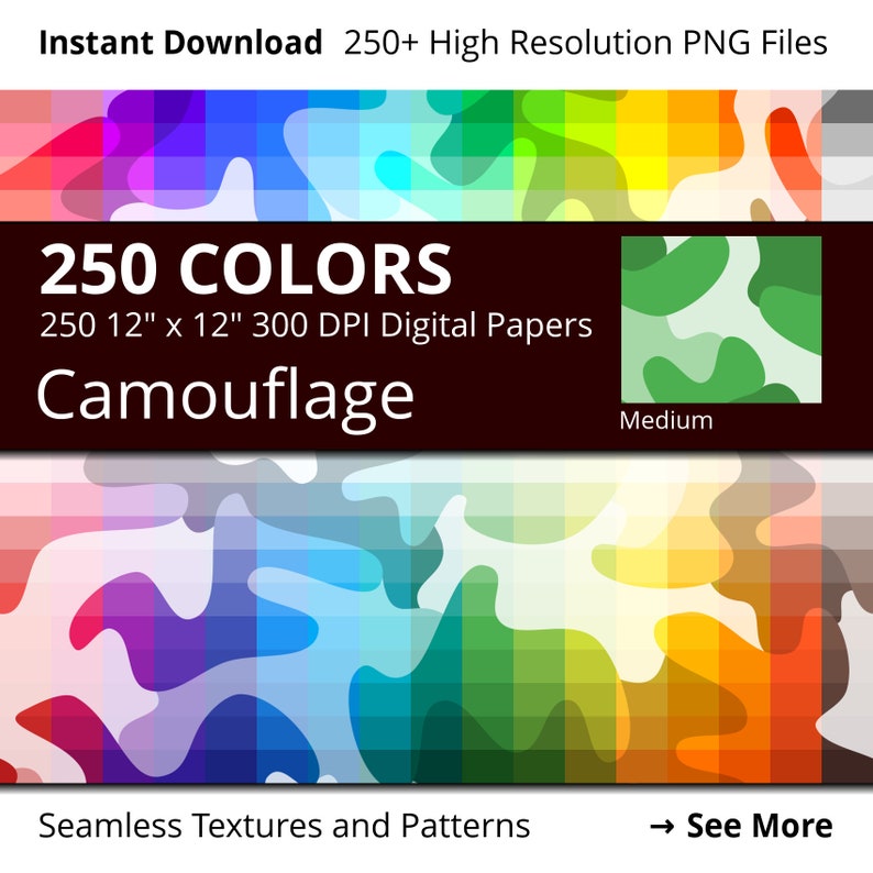 May include: 250 digital papers with camouflage patterns in various colors. Each paper is 12 inches by 12 inches and 300 DPI. Seamless textures and patterns.