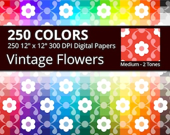 Vintage Flowers Digital Paper Pack, 250 Colors Floral Digital Paper Vintage Flower Texture, Medium Flower Pattern on Color Background