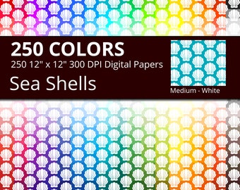 White Sea Shells Digital Paper Pack, Rainbow Colors Digital Paper Shells, Seashell Digital Paper, Sea Shell Pattern Scrapbooking Paper