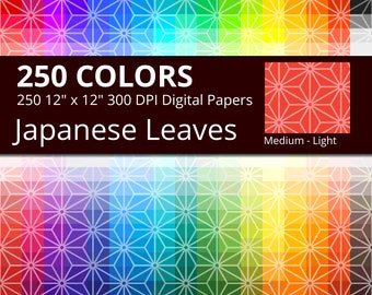 250 Japanese Leaves Digital Paper Pack with 250 Colors, Rainbow Colors Medium Tinted Japanese Leaves Pattern Scrapbooking Paper Download