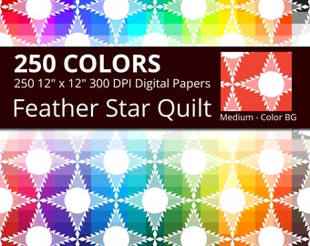 Feather Star Quilt Digital Paper Pack, 250 Colors Quilt Digital Paper Feathers Stars in Rainbow Colors, 2 Tones Feathered Star Pattern