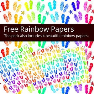 May include: Four digital paper designs featuring a repeating pattern of colourful flip flops and gold stars on a white background. Free Rainbow Papers. The pack also includes 4 beautiful rainbow papers.