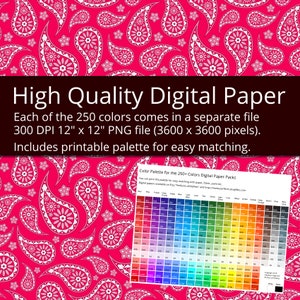 May include: A digital paper design featuring a repeating pattern of white paisley shapes on a vibrant pink background. The image includes text that reads "High Quality Digital Paper" and details about the file size and color palette.
