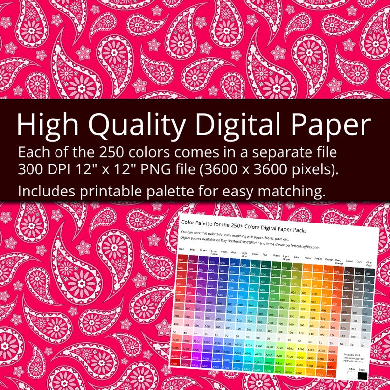 May include: A digital paper design featuring a repeating pattern of white paisley shapes on a vibrant pink background. The image includes text that reads "High Quality Digital Paper" and details about the file size and color palette.