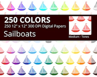 Sailboat Digital Paper Pack, 250 Colors Nautical Digital Paper Sailboat Pattern, Summer Digital Paper Boat with Sail, Sailing Background