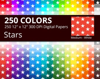 250 White Stars Digital Paper Pack with 250 Colors, Rainbow Colors Medium White Star Pattern Scrapbooking Paper Download