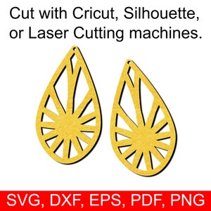 May include: A pair of gold teardrop-shaped earrings with a geometric sunburst design. The earrings are cut out and have a delicate, intricate pattern.  Cut with Cricut, Silhouette, or Laser Cutting machines. SVG, DXF, EPS, PDF, PNG