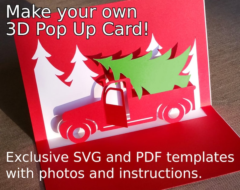Mall för popup-kort med jullastbil, SVG och PDF för Cricut, silhuett eller handskuret, DIY popup-julkort, kirigami-design för julgran bild 1