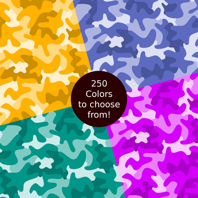 May include: Four different camouflage patterns in yellow, blue, teal, and magenta. The text "250 Colors to choose from!" is in a black circle in the center of the image.