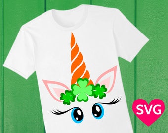 Lucky Unicorn Face SVG with 4 leaf clover for St Patrick's Day