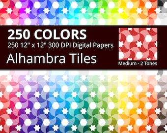 Alhambra Azulejos Tiles Digital Paper Pack, 250 Colors Arabic Digital Paper Tiles in Rainbow Colors, Moroccan Tiles Digital Background