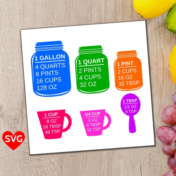 Colorful Measuring Cups SVG and Printable Kitchen Conversion Chart Clipart  to make kitchen and cooking gifts