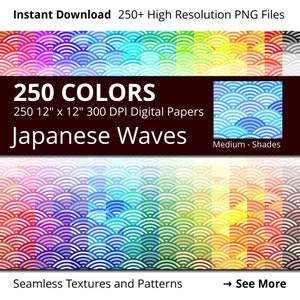 Japanese Sea Waves Digital Paper Pack, Traditional Japanese Digital Paper Wave Pattern with Mixed Shades in 250 Colors, Seigaha Pattern