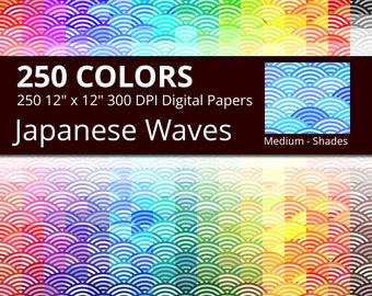 Japanese Sea Waves Digital Paper Pack, Traditional Japanese Digital Paper Wave Pattern with Mixed Shades in 250 Colors, Seigaha Pattern