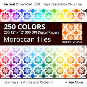 Moroccan Tiles Digital Paper Pack, 250 Colors Moroccan Digital Paper Tiles in Rainbow Colors, Moroccan Stars Digital Background Tiles
