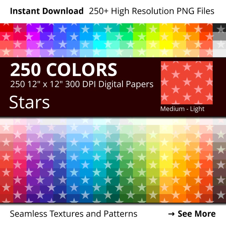 May include: A digital paper pack with 250 different colors of 12 inch by 12 inch seamless patterns featuring white stars on a variety of colored backgrounds. The text "250 COLORS" and "Stars" is displayed on the image.