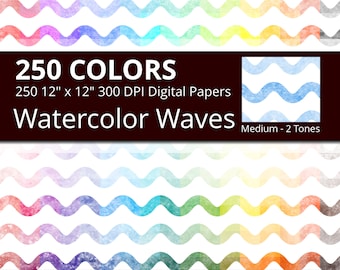 Watercolor Waves Digital Paper Pack, 250 Geometric Digital Paper Waves in Rainbow Colors, Geometric Sea Wave Background Watercolor Texture