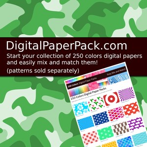 May include: A digital paper pack with 250 colors. The image shows a sample of the digital papers, including floral, geometric, and abstract patterns. The text on the image reads "250 Colors Digital Paper Packs" and "Easy Mix and Match".