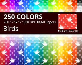 Birds Digital Paper Pack, 250 Colors Dove Digital Paper Birds Background, Medium Digital Scrapbooking Bird Pattern on Color Background