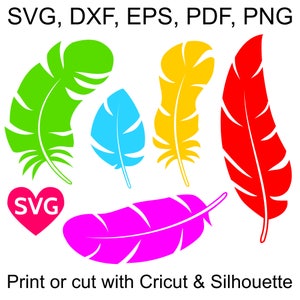 5 Feathers SVG Bundle, Feather SVG files for Cricut and Silhouette, Printable Feather clipart PDF, Feathers svg, Feather dxf, Feather art