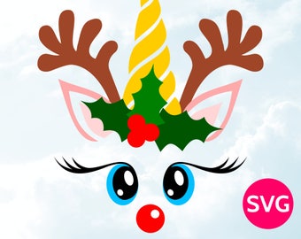 Unicorn Reindeer Face SVG - Cool unicorn with antlers design - Cute reindeer head with horn - Christmas SVG for Cricut & Silhouette