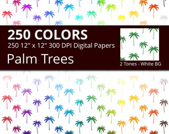 250 Tropical Palm Trees Digital Paper Pack with 250 Colors, Rainbow Colors Palm Trees on White Background Digital Papers for the Summer