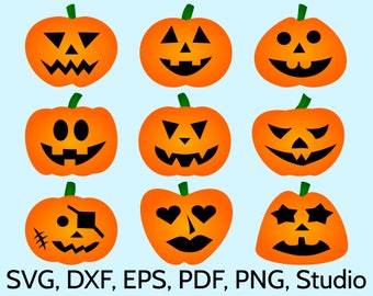 9 Halloween Pumpkins SVG files for Cricut & Silhouette. Original Jack O'Lantern Clipart Designs. Print or cut SVG Pumpkin template. pdf, dxf