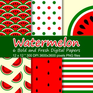 Watermelon Digital Paper Pack, 6 Summer Digital Papers, Seamless Watermelon Patterns and Textures, Digital Paper Watermelon Commercial Use