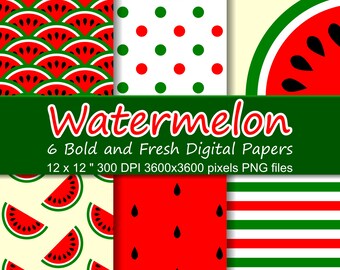 Watermelon Digital Paper Pack, 6 Summer Digital Papers, Seamless Watermelon Patterns and Textures, Digital Paper Watermelon Commercial Use