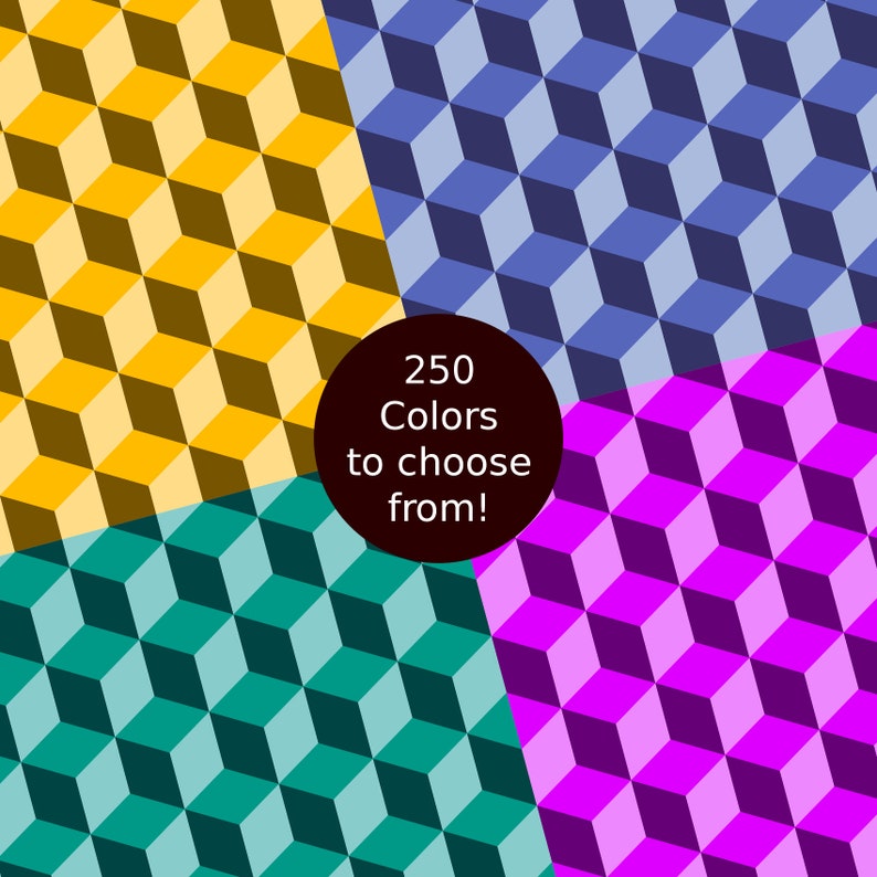 Puede incluir: Un dise&ntilde;o abstracto colorido con cuatro secciones de patrones geom&eacute;tricos repetitivos en amarillo, azul, verde azulado y morado. El centro de la imagen presenta un c&iacute;rculo con el texto "250 colores para elegir!"